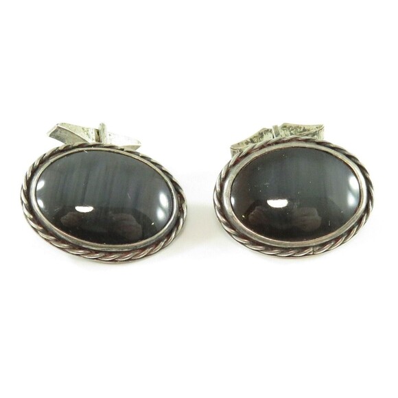 Sterling Silver Fancy Oval Polished Stone Cufflink Set Twisted Wire Surround Bul - Picture 1 of 4